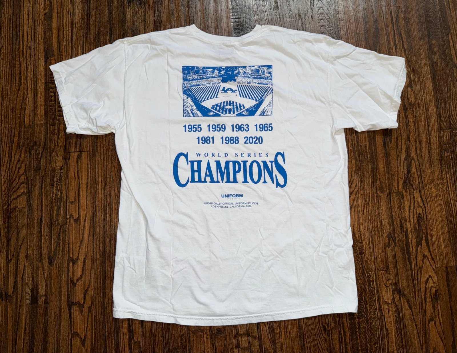 Los Angeles Dodgers X Uniform Studios World Series Champions White Tee Sz Large