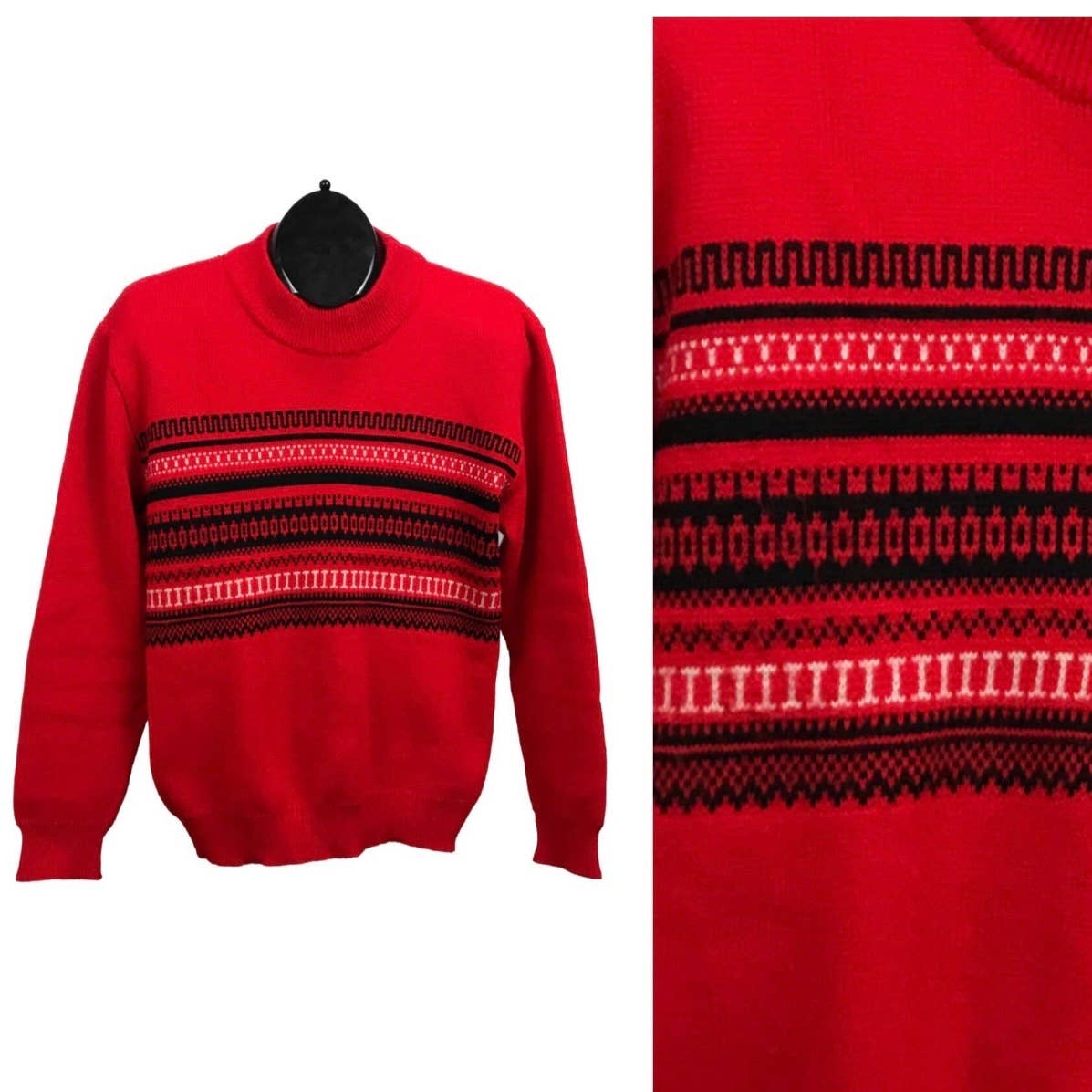 1970s Red Stripe Fair Isle Pullover Sweater Mock Neck / Mens Small *