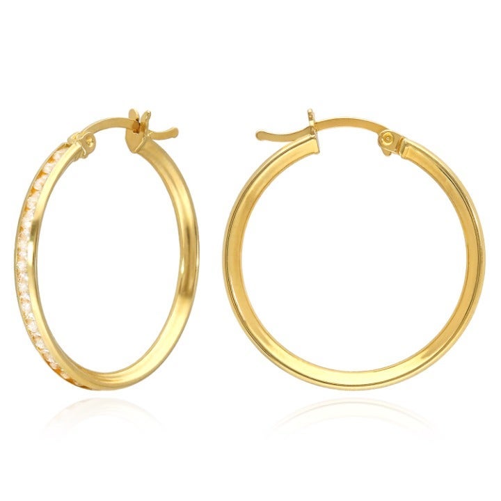 14K Yellow Gold Channel Simulated Diamonds Hoop Earrings 13mm