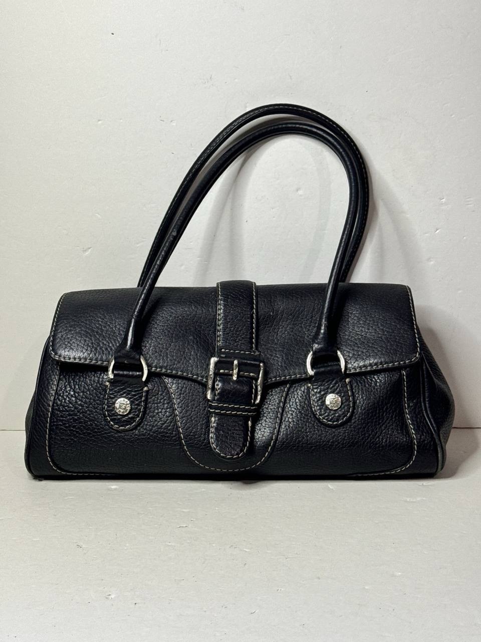 Michael Kors Black Pebbled Leather Shoulder Bag Buckle Purse Biker Stitch VTG