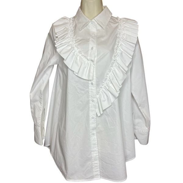 Fabiana Filippi White Cotton Blend Ruffle Front Shirt NWT Size 6