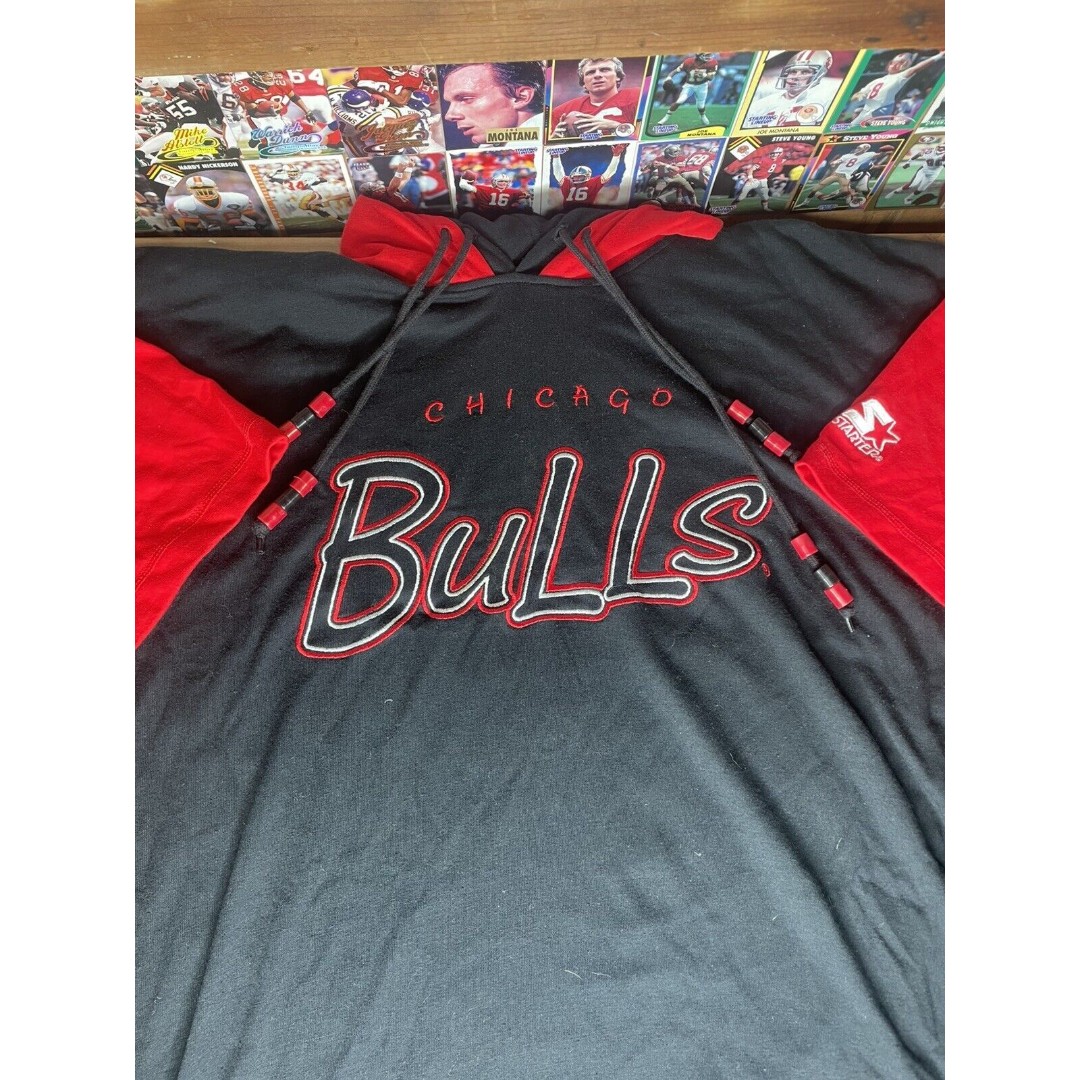 90s Starter Chicago Bulls Short Sleeve Hoodie (Mens sz XL) Beaded Strings NBA