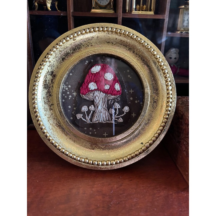 Handcrafted Gold Frame With Embroidered Mushroom Art