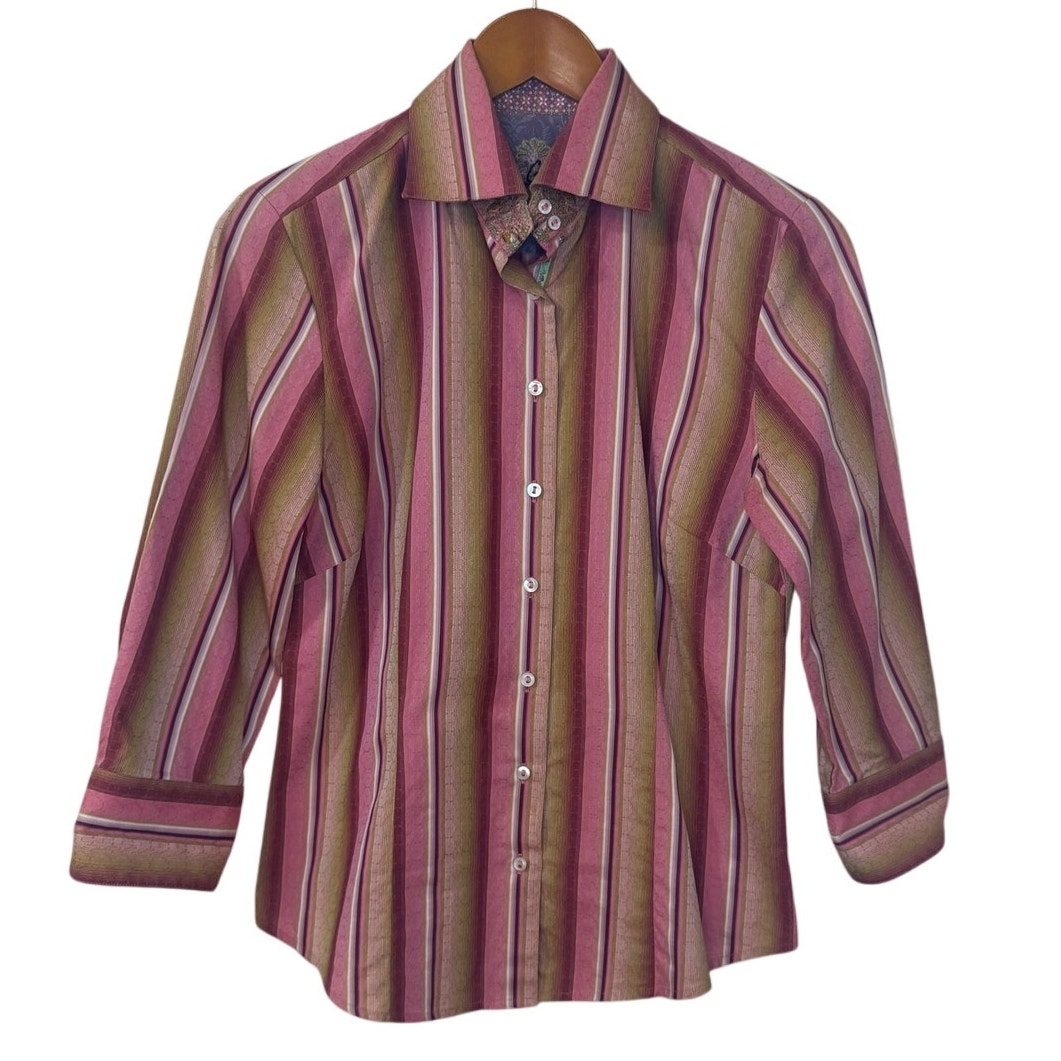 Robert Graham Button Up Shirt Women Small Pink Striped Cotton Silk Western