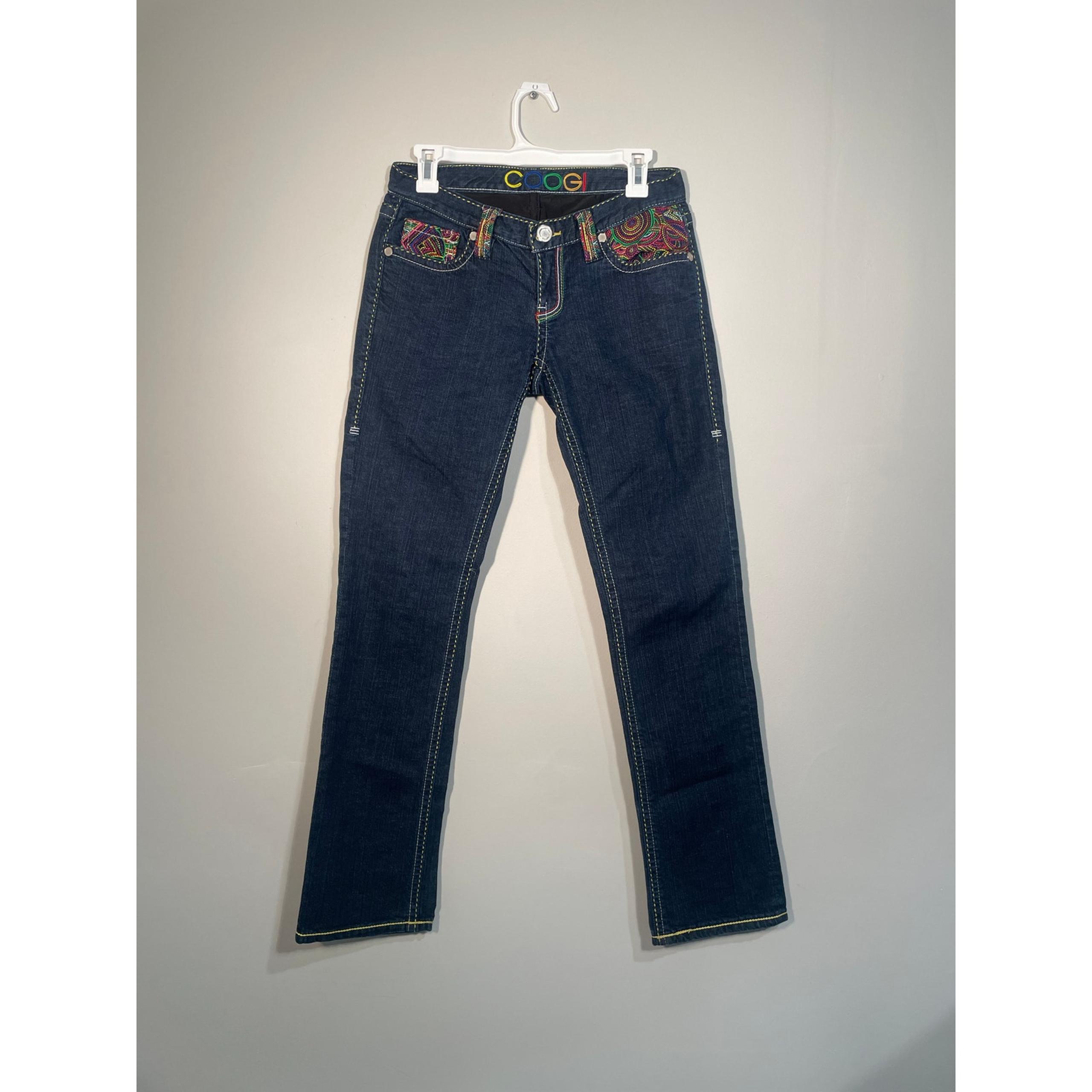 Vintage Coogi Colorful Embroidered Low Rise Dark Wash Straight Leg Jeans