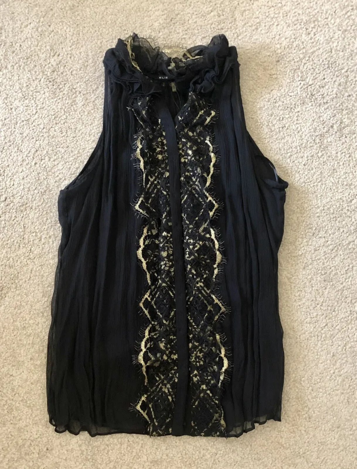 NWT Elie Tahari Pricilla Black Gold Lace Silk Blouse Top * Extra Small