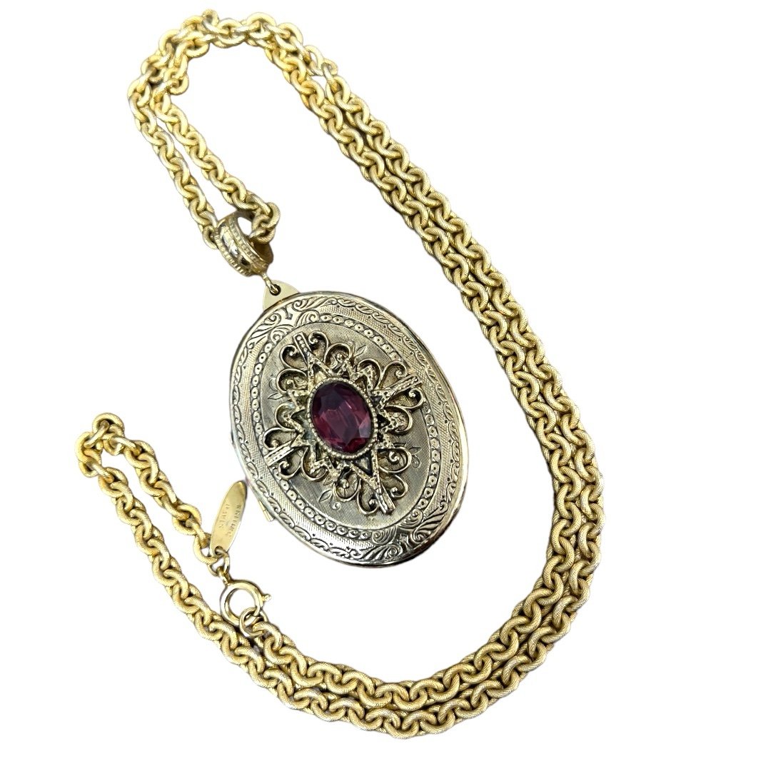 Whiting & Davis Large Ornate Locket Pendant Necklace