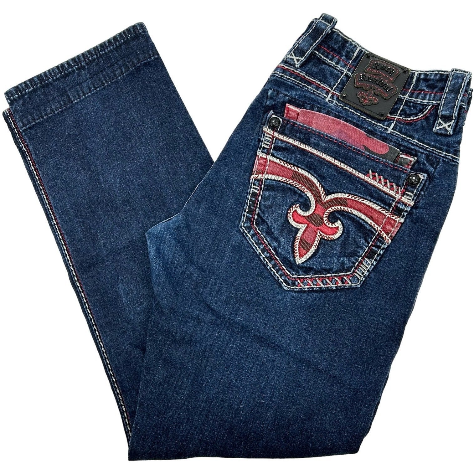 Mens Rock Revival Fergus Relaxed Straight 17 Blue Denim Jeans W/ Pink Embroidery