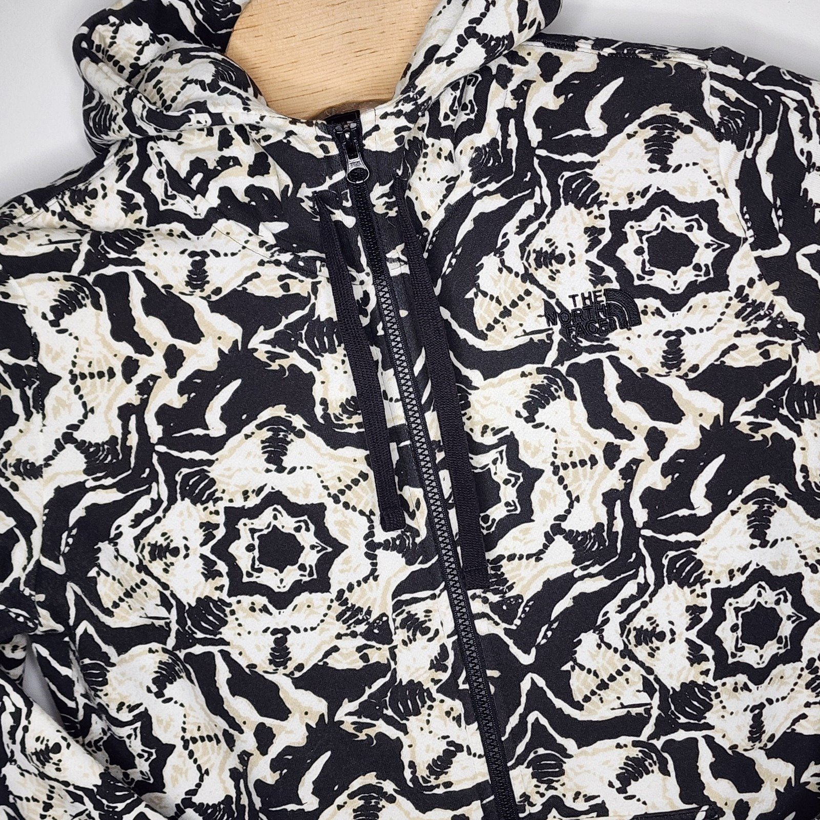 The North Face Full Zip Women's Hooded Sweater Jacket Size L Black White Tan