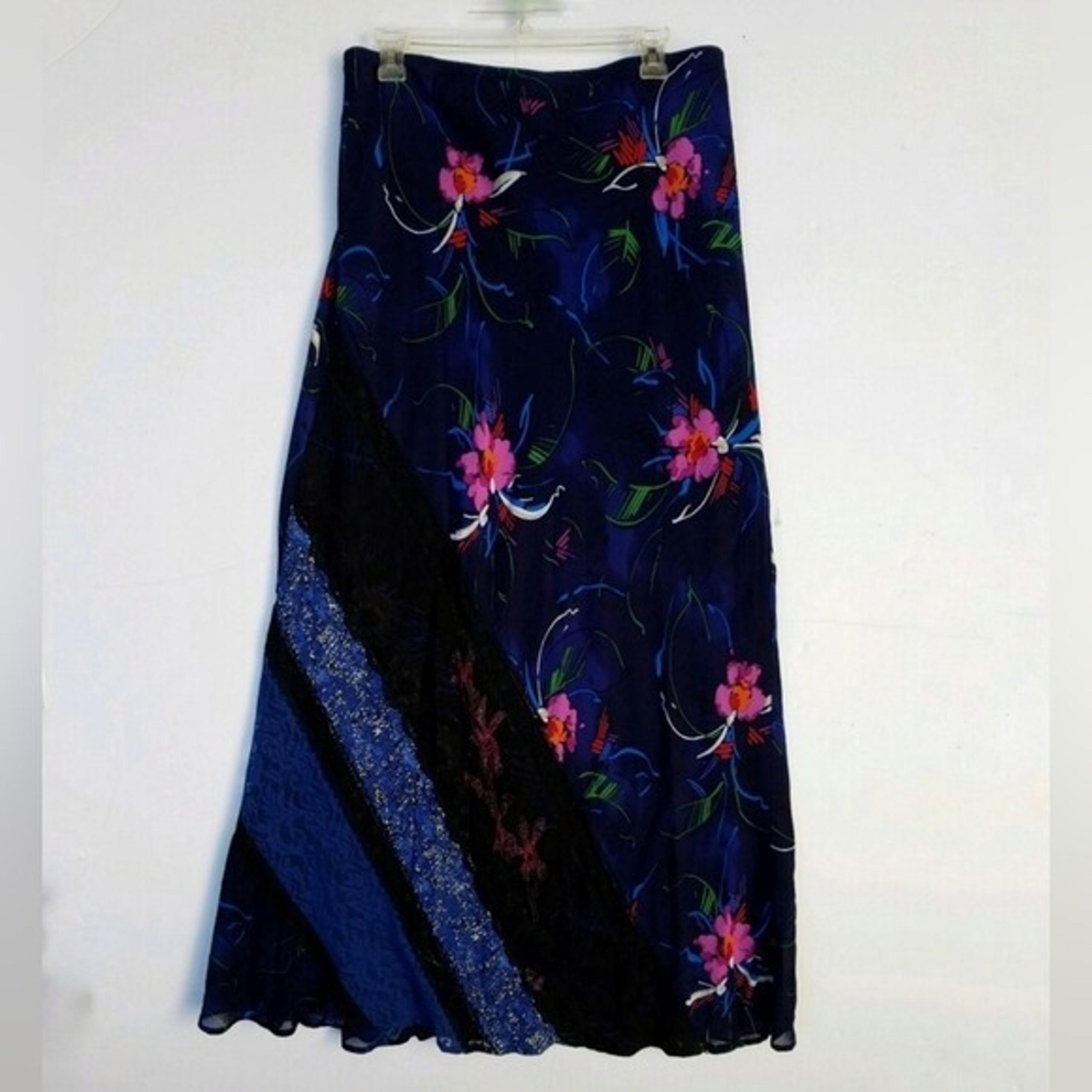 FRANCESCA Rose Maxi Skirt Mix Print Panels Boho Festival Size L - EUC!