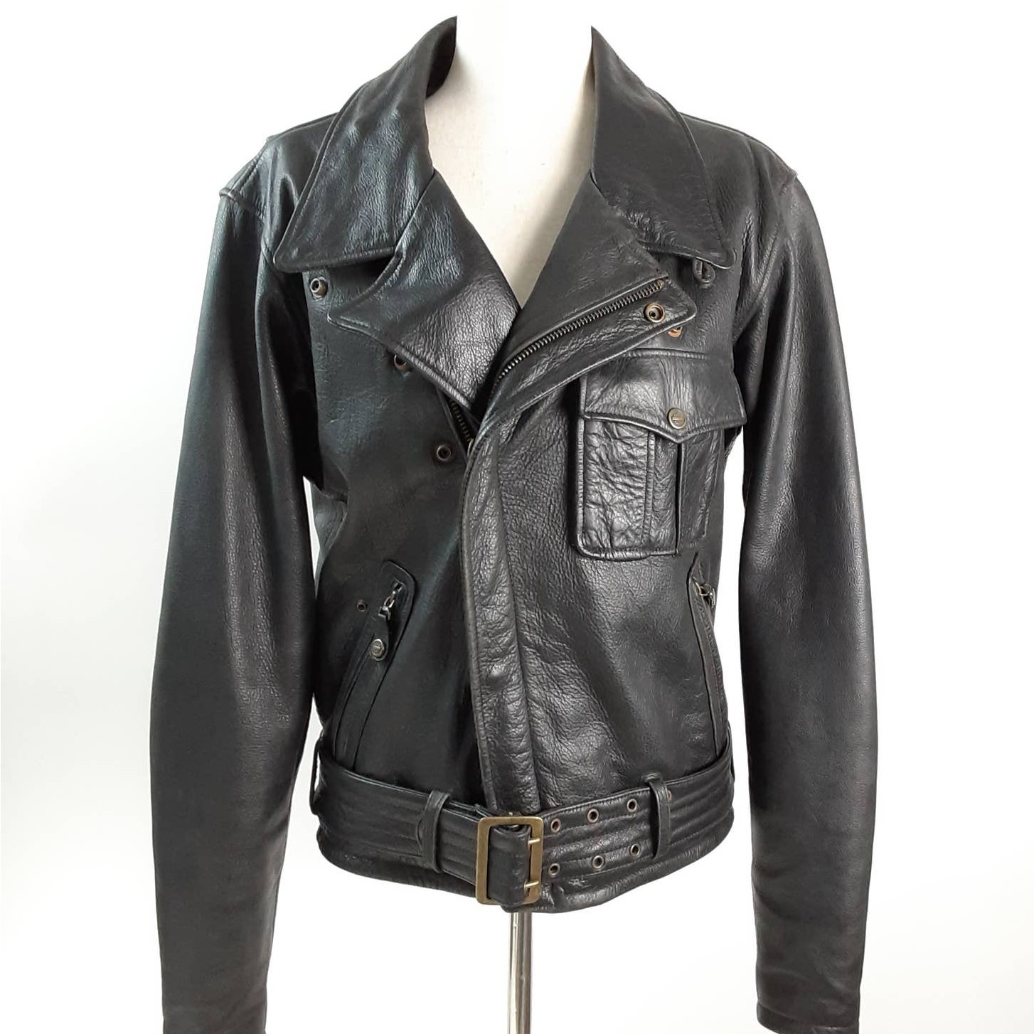 Harley Davidson Black Leather Belted Lined MOTO Jacket Size Small