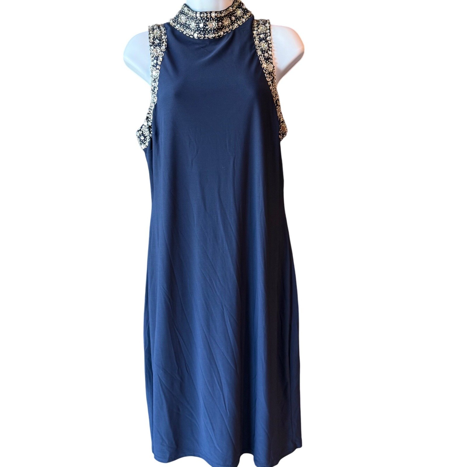 MARINA NWT Beaded Jeweled Rhinestone Cocktail Dress Navy Blue Size 12