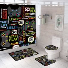 4 Pcs Play Game Shower Curtain Set, Abstract Videogame Controller Pattern