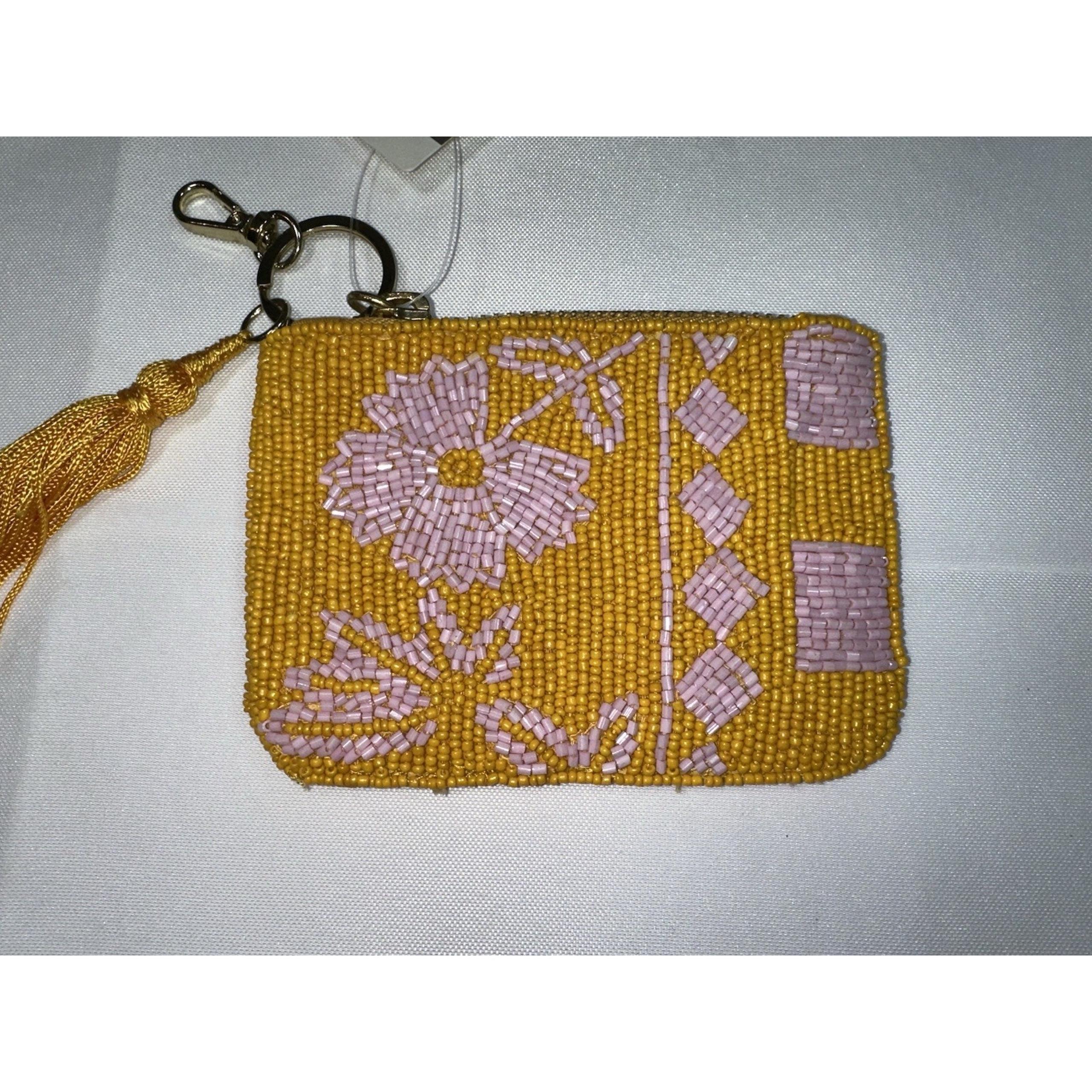Anthropologie Beaded Floral Checkered Coin Purse Pink Orange Keychain Pouch