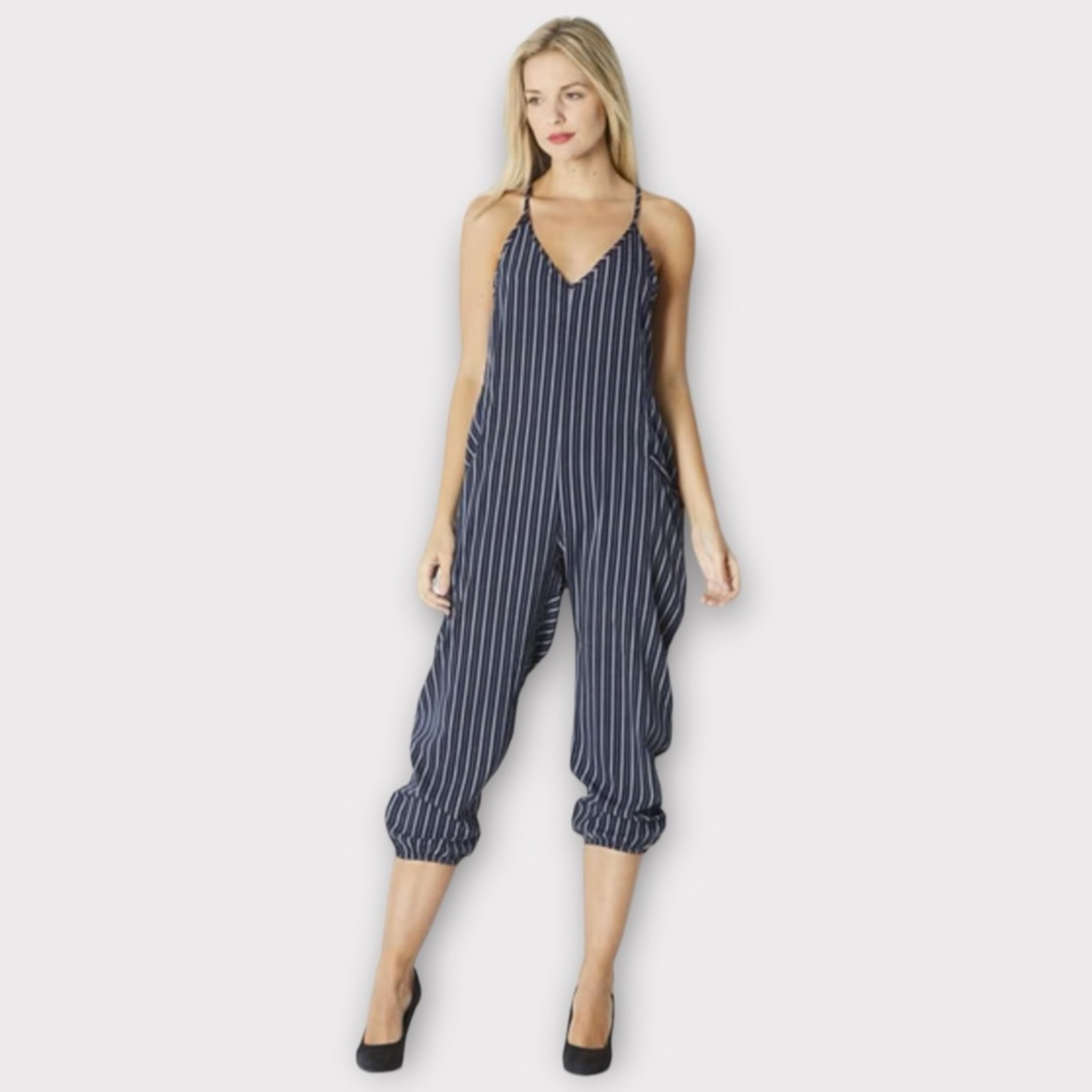 DRESS FORUM navy/white stripe lightweight loose fit rayon jumpsuit size large