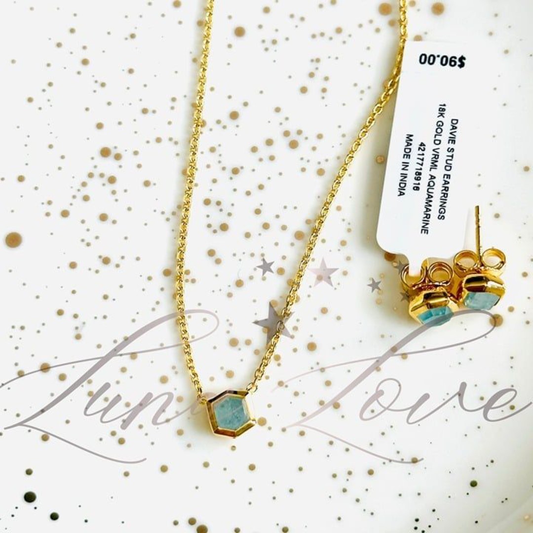 KENDRA SCOTT Davie 18K Gold Necklace & Davie Stud Earrings In Aquamarine NWT
