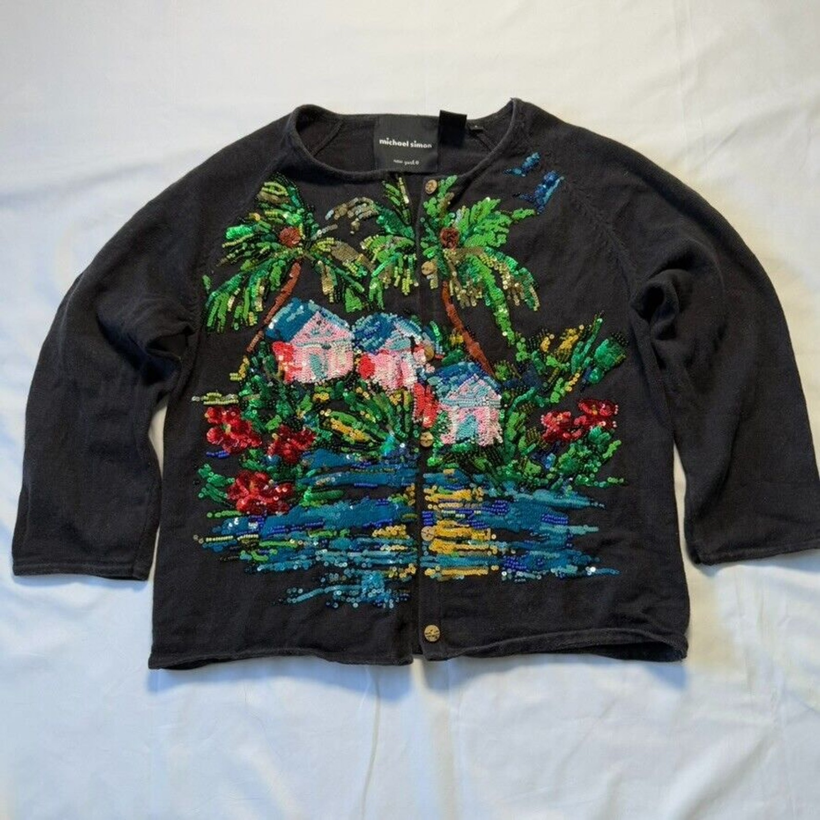 Vintage Michael Simon Sz S Cotton Blend Sequined Beach Island Hut Black Cardigan