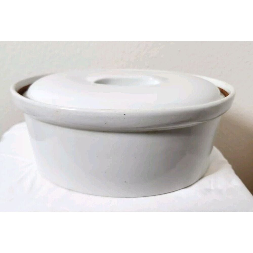 Oval White W/Brown Stripe Apilco Covered Casserole Dish France Porcelain Vintage