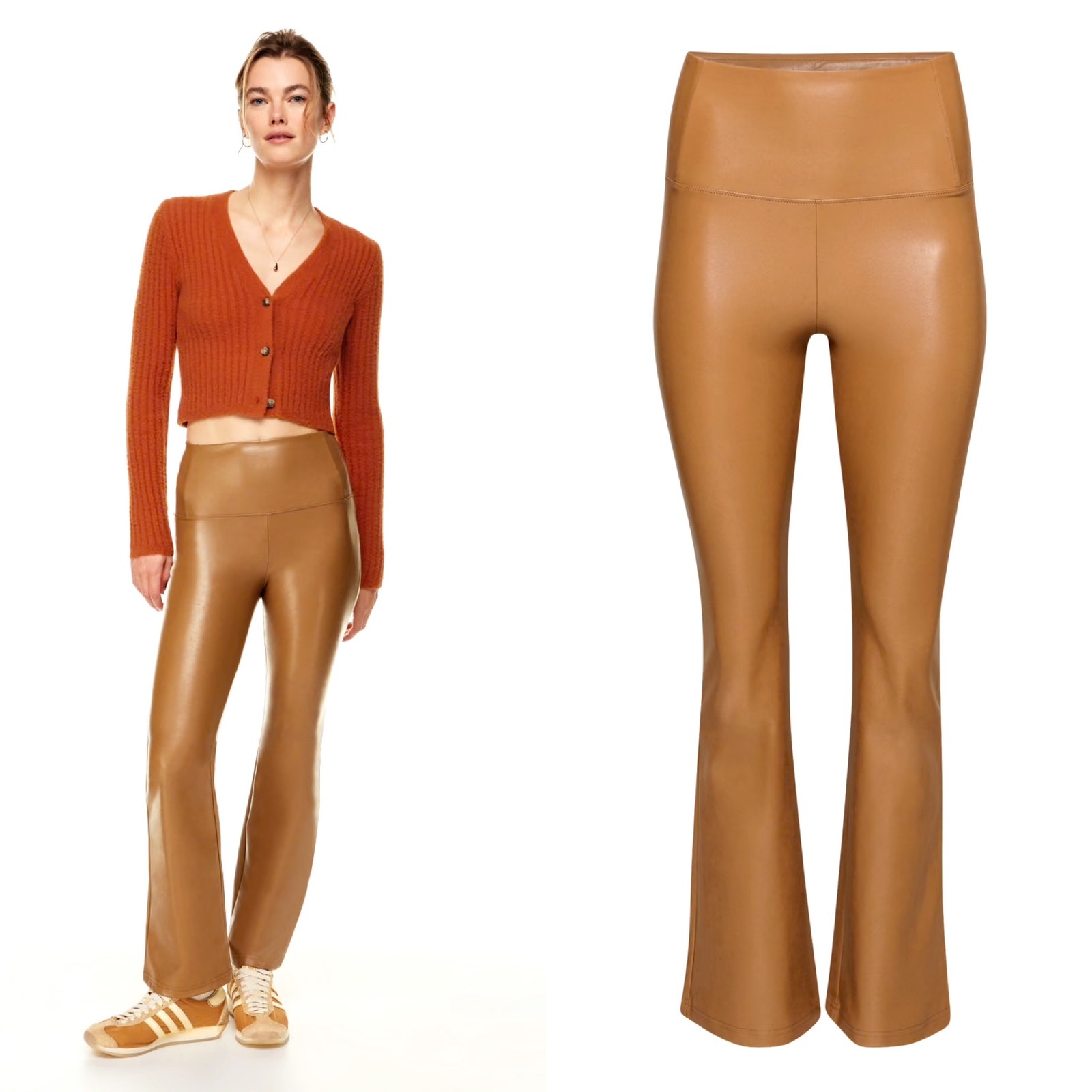 Aritzia Wilfred Daria Flare Vegan Leather Cognac Pants Size Large