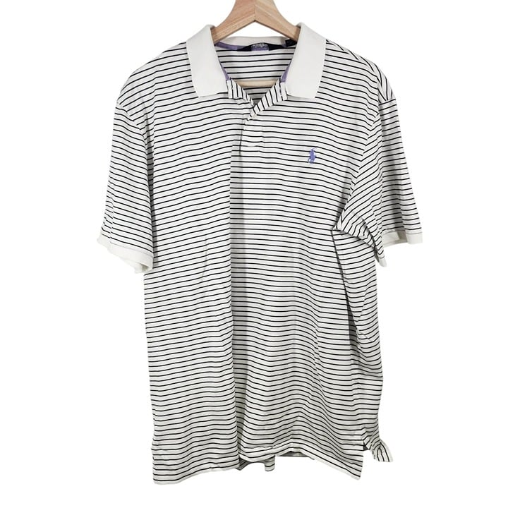 Ralph Lauren Polo Golf Mens XL Striped Polo Shirt 100% Pima Cotton White & Navy