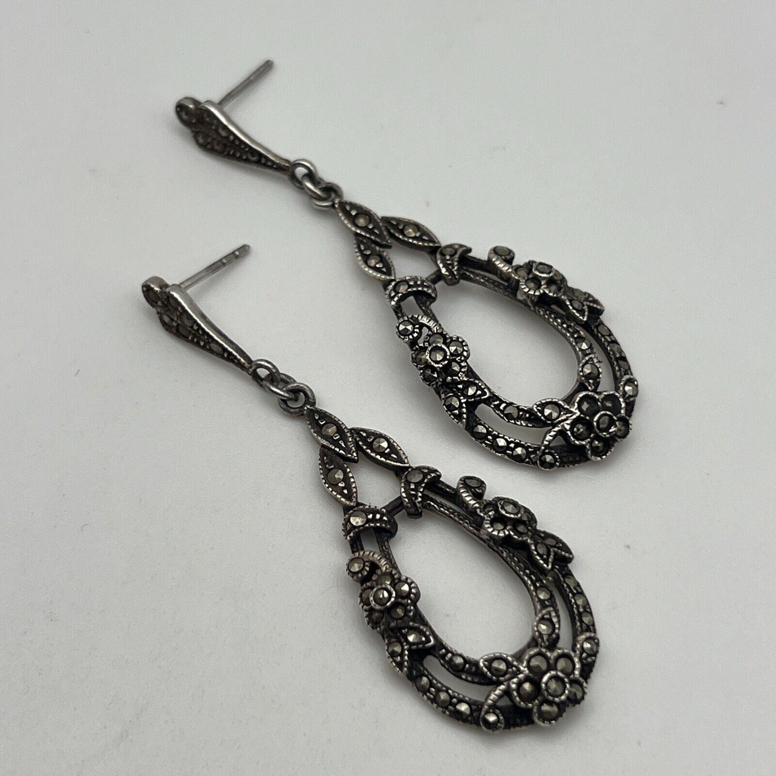 Ornate Sterling Silver 925 Marcasite Dangle Earring