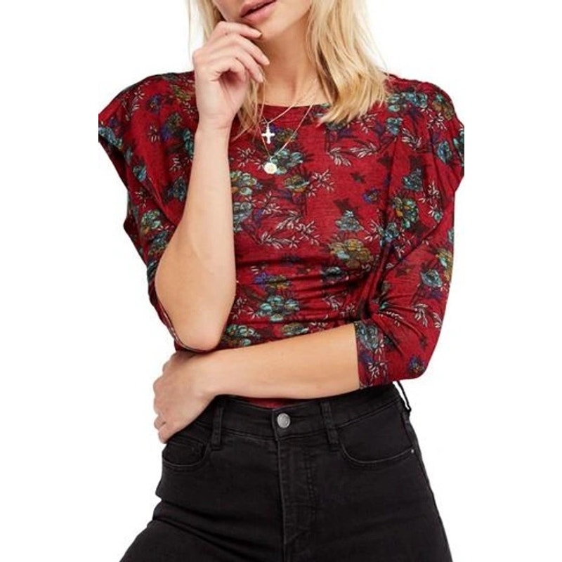Free People Women's Size Large Red Floral Printed Ruffle Dock Street Top