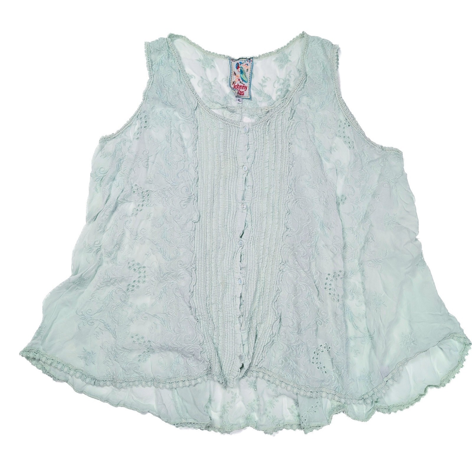 Johnny Was Mint Green Eyelet Embroidered Sleeveless Tank Blouse Women's Size XL