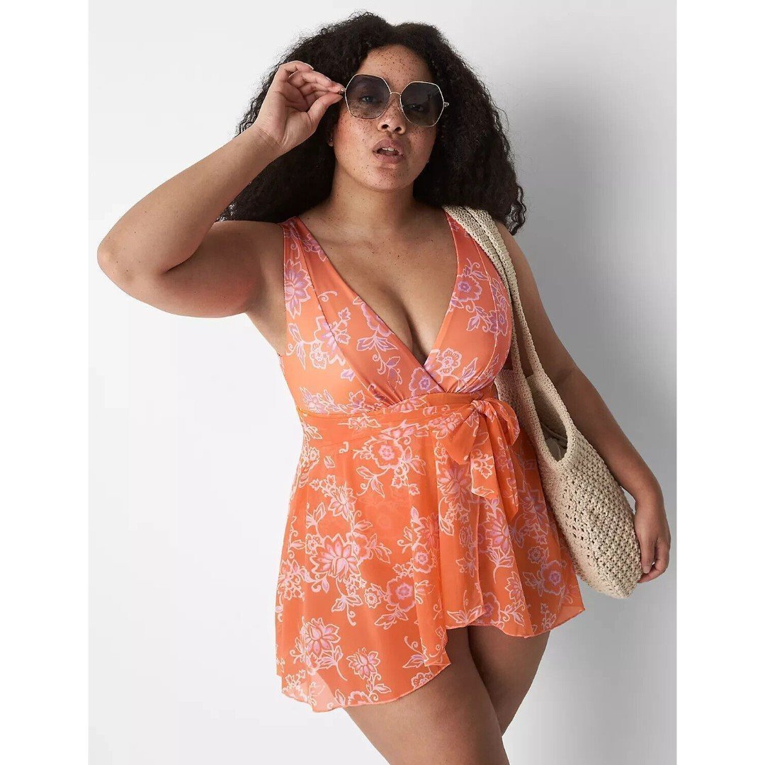 Cacique No-Wire Wrap Swim Dress/Suit Womens 36 Orange Floral Med Covrg Tie Belt