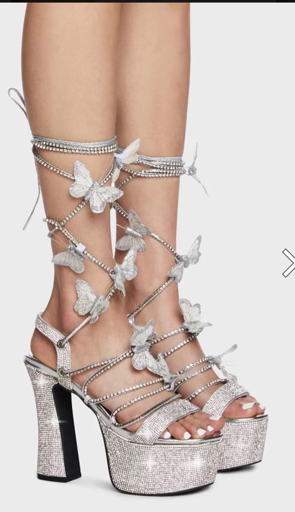 Poster girl metallic silver crystallized butterfly gladiator platform shoes NWT