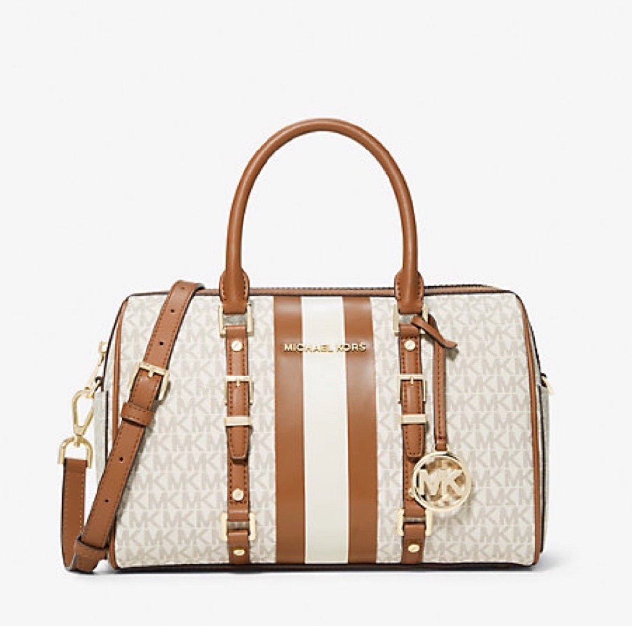Michael Kors Bedford Travel Medium Logo Stripe Duffel Satchel.
