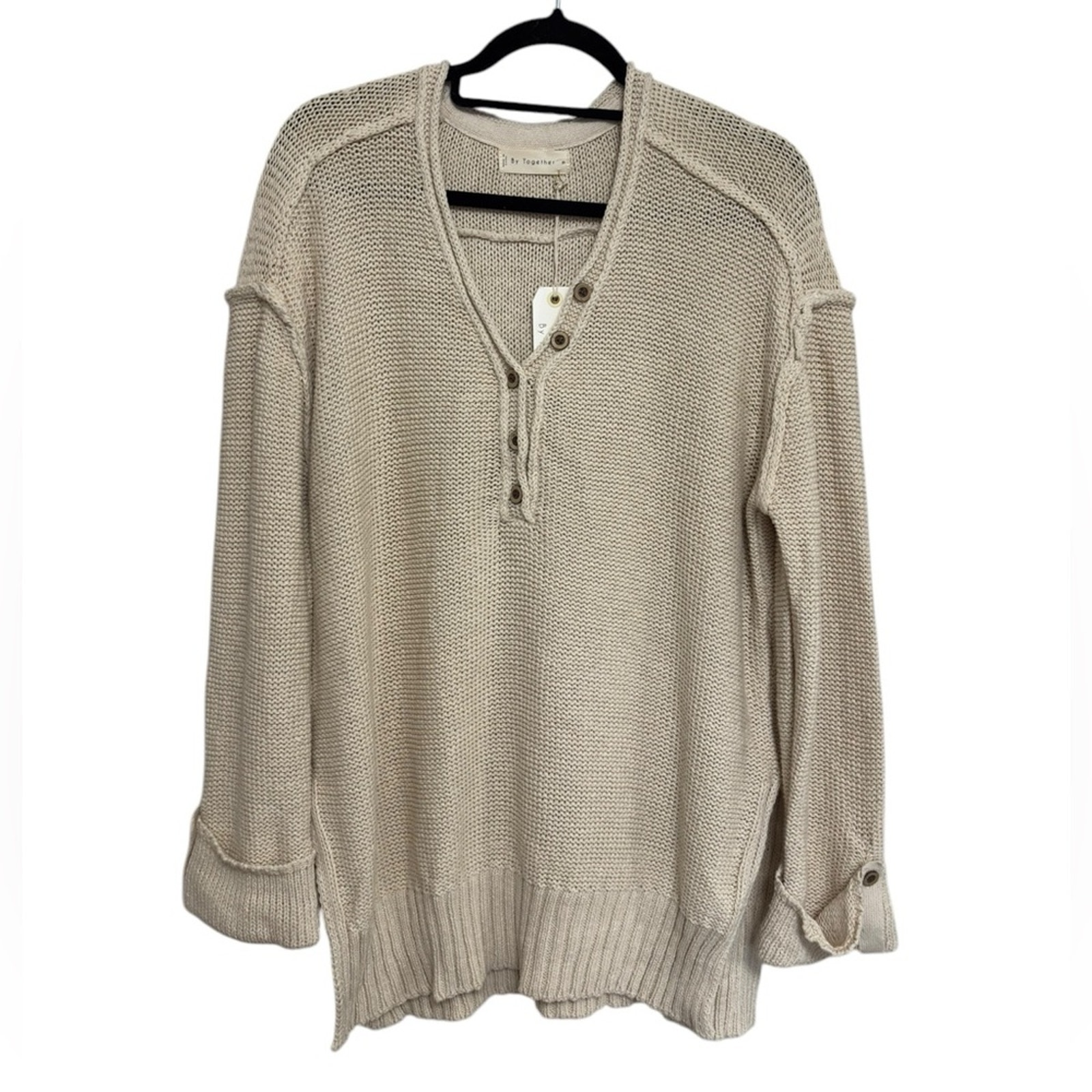 NWT By Together 100% Cotton Long Henley Sweater in Tan - Size M