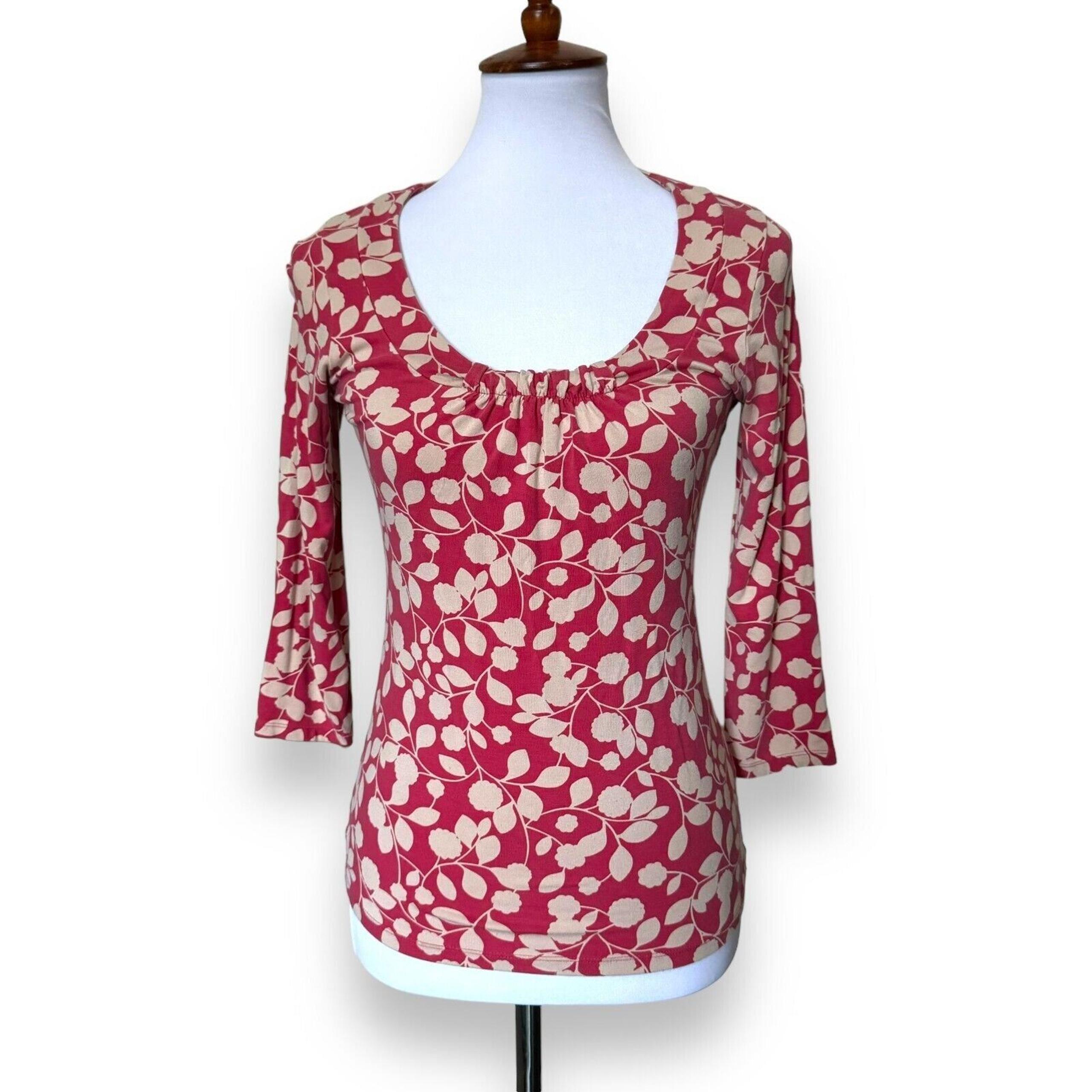 Boden Womens Blouse Pink Leaf 3/4 Sleeve Ruched Pullover Stretch Scoop Neck 8