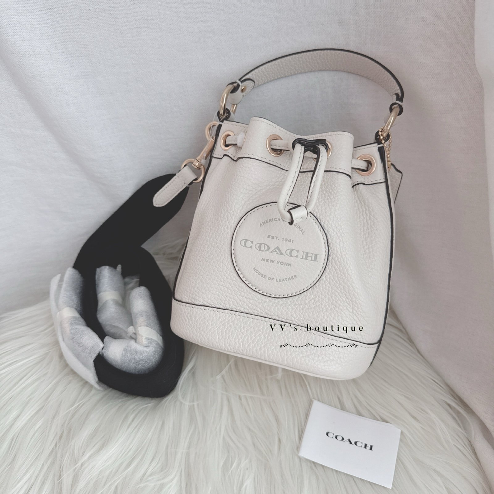 NWT Coach Dempsey Drawstring Leather Bucket Bag 15 With Coach Patch Chalk C5269