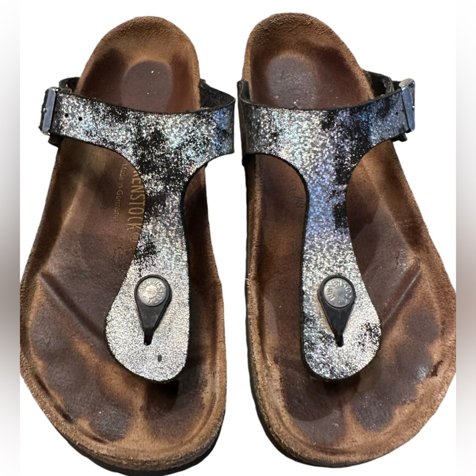 Birkenstock Women’s 38 (7) Black and Silver Thong Style Sandals