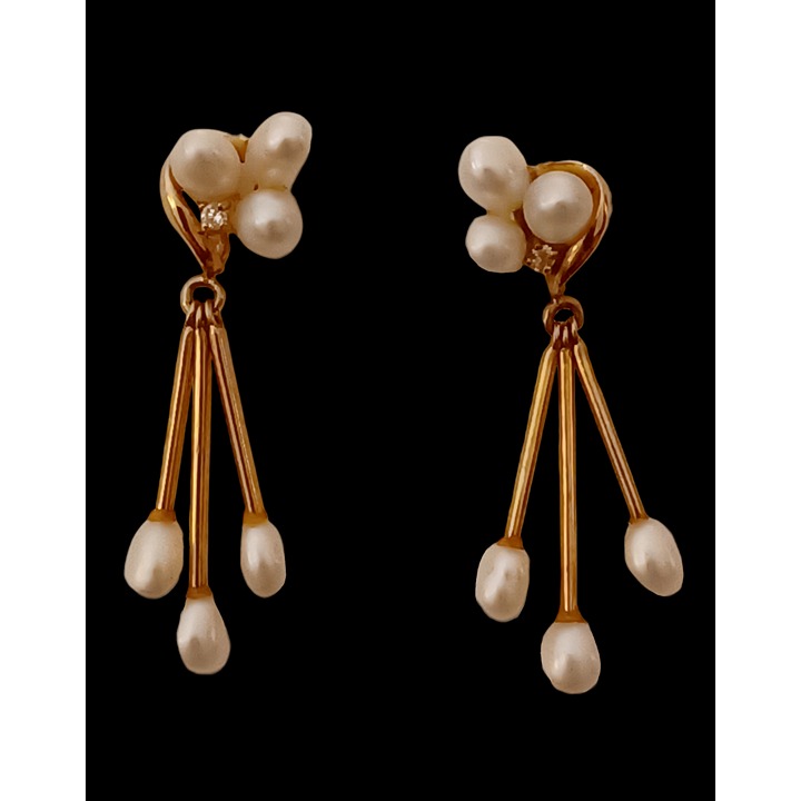 14k Solid Yellow Gold Diamond Oval Pearl Cluster Dangle Stud Earrings 1.75