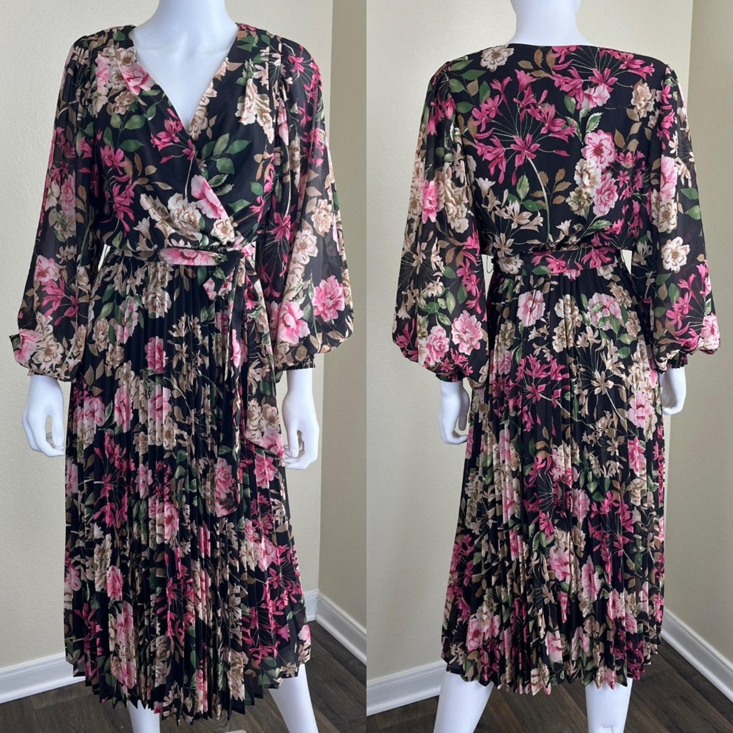 Baltic Born Women's Size S Laurie Black Floral Midi NEW Pleated Dress Cottage