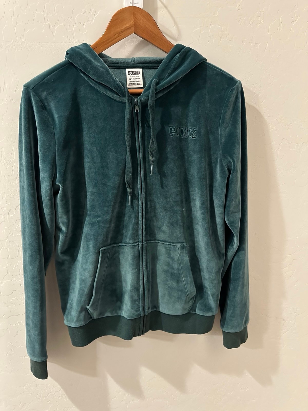 PINK- green velvet zip sweater size small