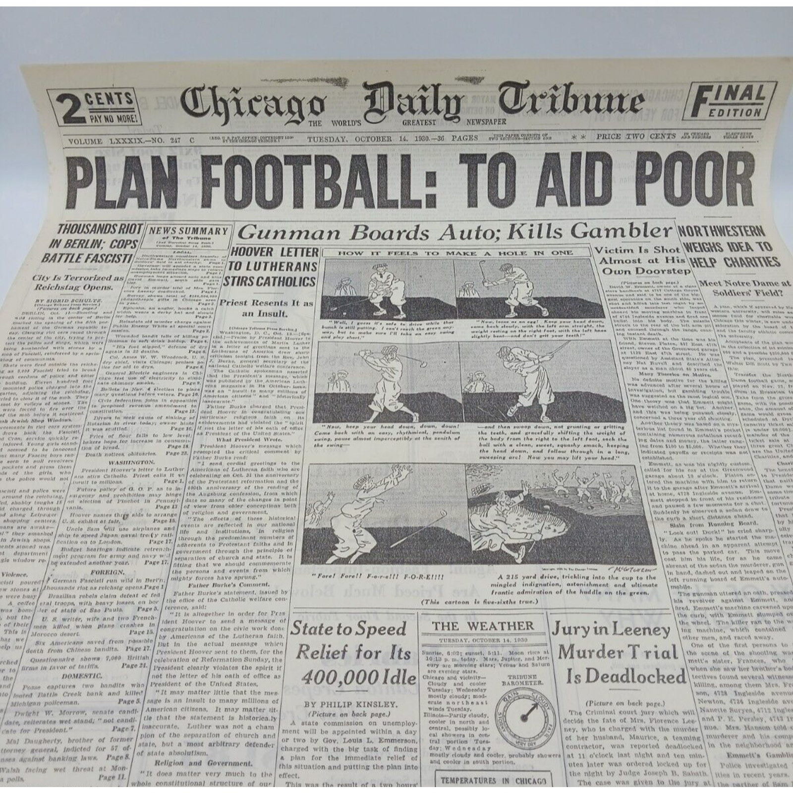 1930 Chicago Tribune Notre Dame Football Belin Riot Gunman Kills Gambler Hoover