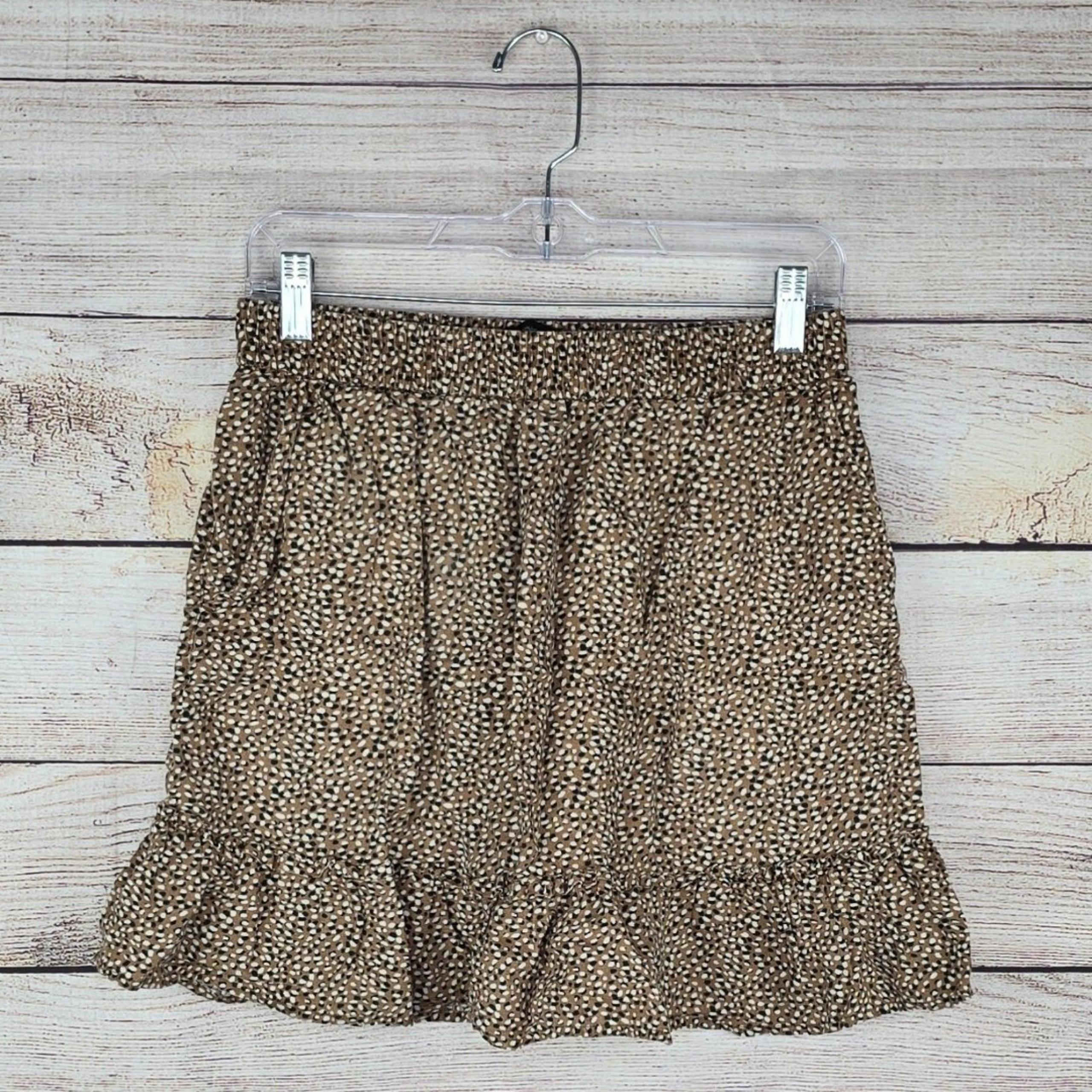 Tahari 100% Linen Brown Polka Dot Ruffle Hem Mini Pull On Skirt Medium