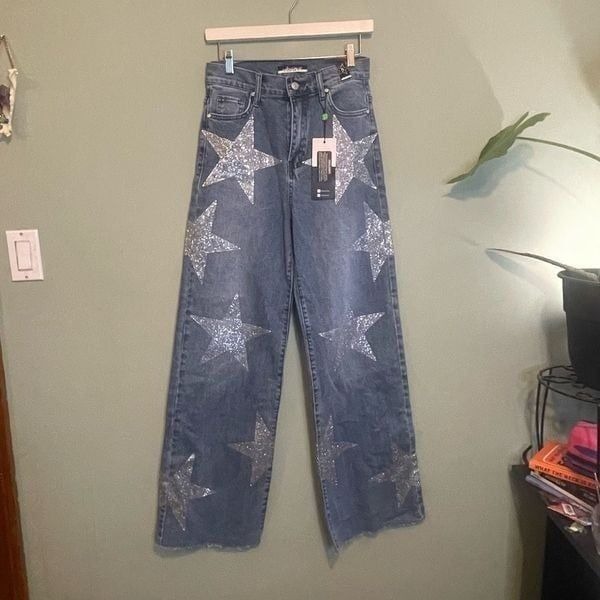 NWT Vibrant Womens Denim Star Rhinestone Wide Leg Jeans Blue Size 5/26