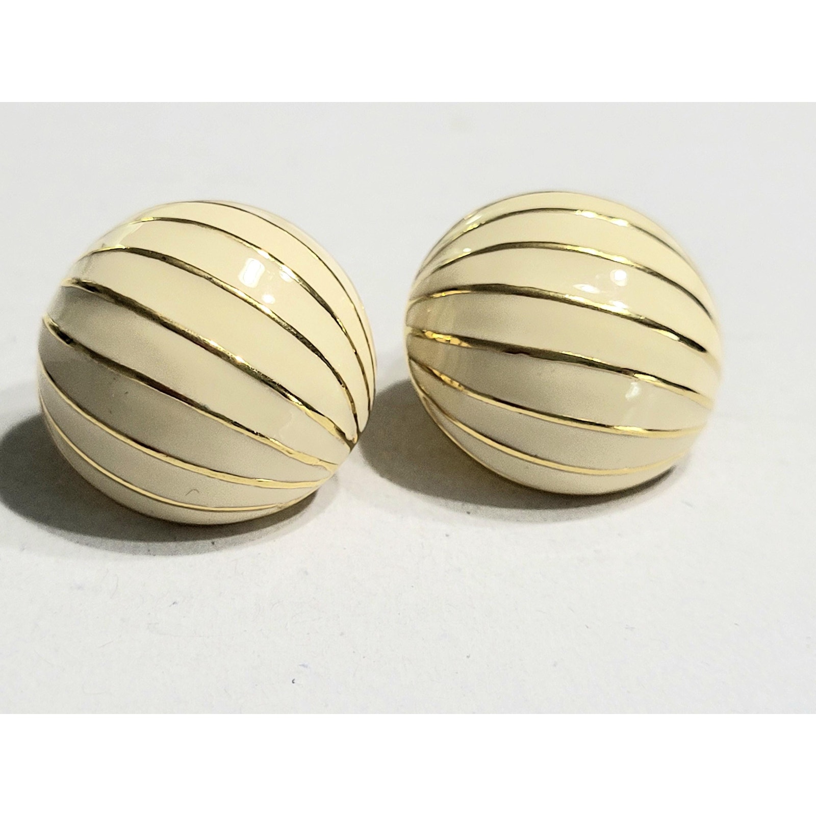 Napier Gold & Ivory Enamel Dome Button Pierced Earrings - Signed 1970s Vintage