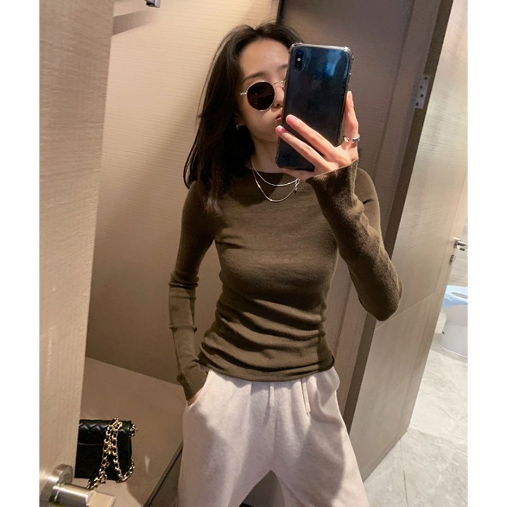 woolen knitted sweater women's round neck slim pullover top