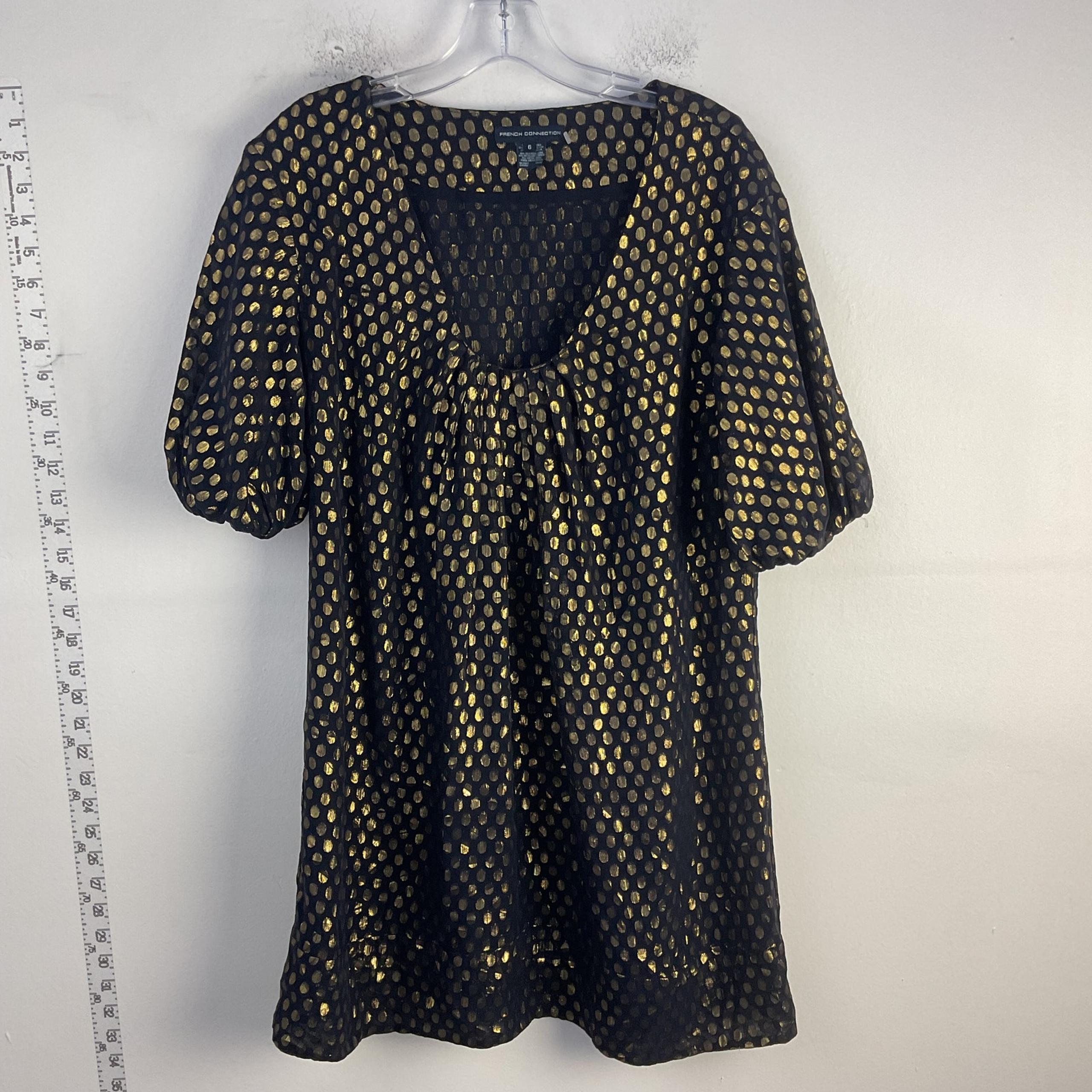 French Connection Black Metallic Gold Polka Dot Silk Blouse, Women Size 6