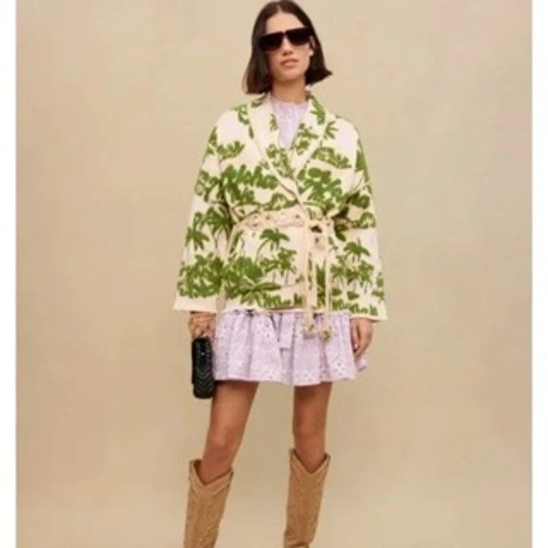 MAJE Maloas Imprime Macrame Aloha Beige Belted Cardigan Jacket
