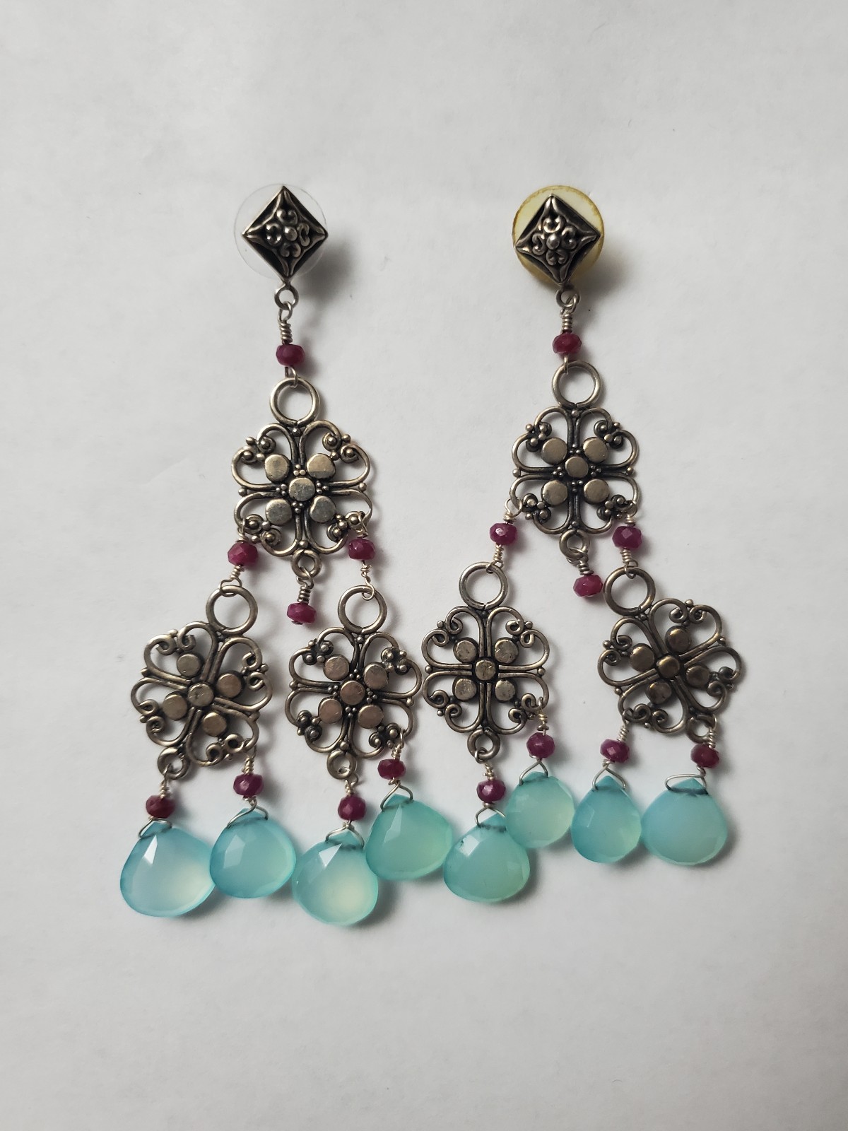 Vintage Aqua Chalcedony and Ruby Sterling Silver Earrings All Natural Gemstone