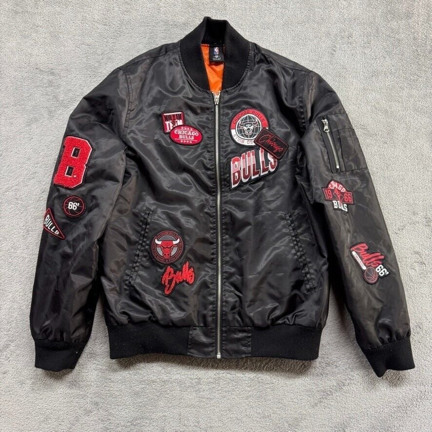 Chicago Bulls Satin Bomber Varsity Jacket Mens Medium Black 1966 Patches NBA UNK