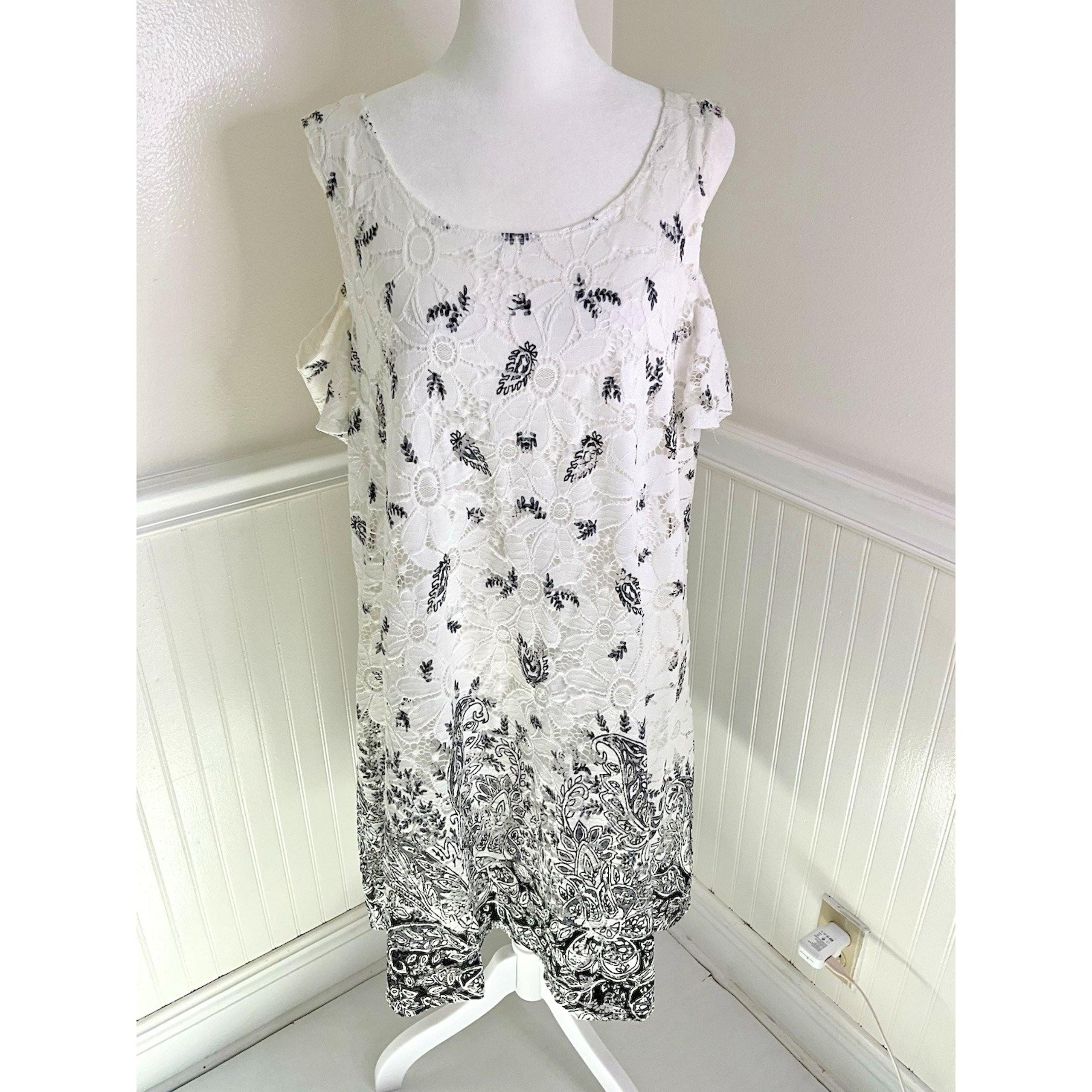 Robbie Bee Floral Lace Cold Shoulder Fit & Flare Dress Black White Women Size XL
