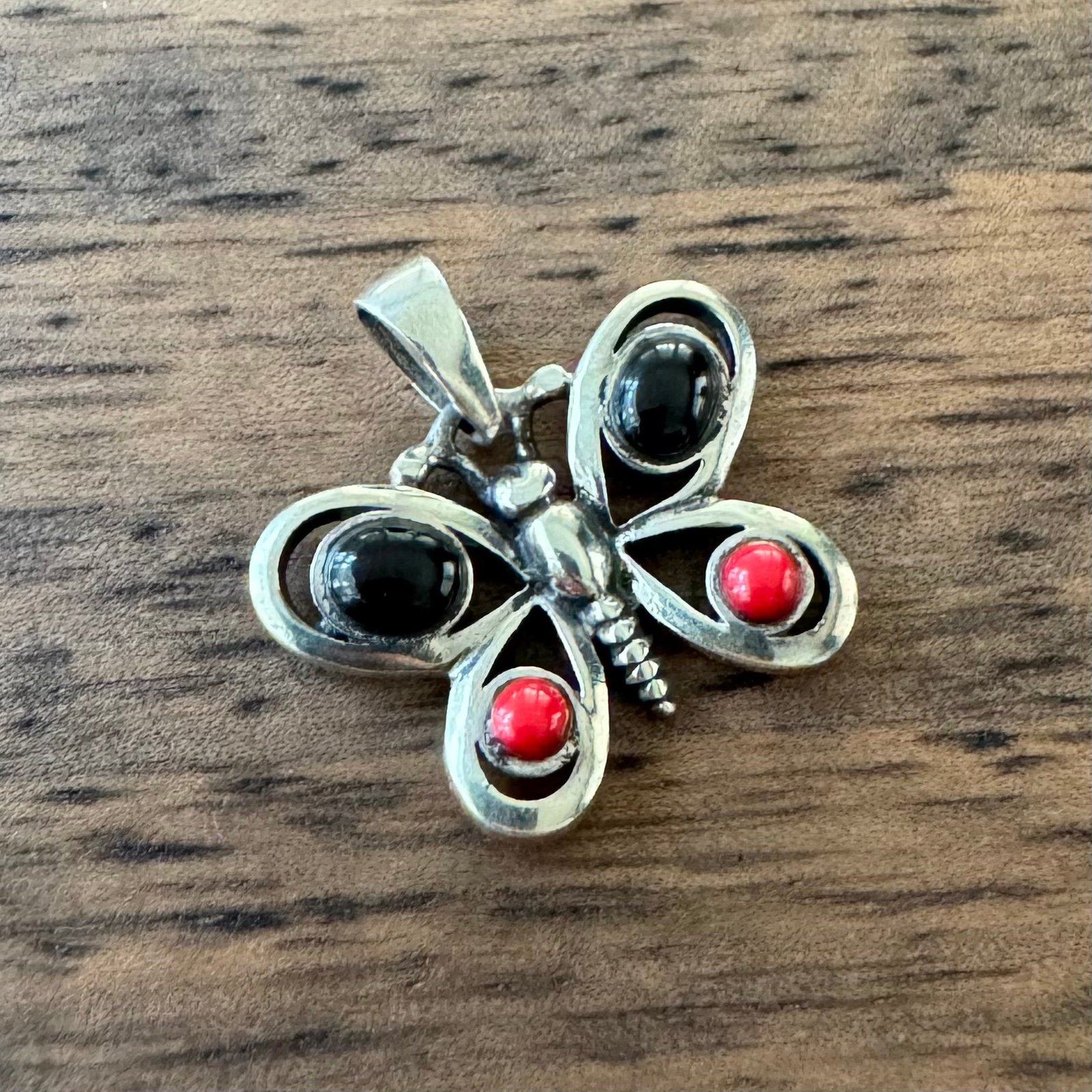 Vintage Onyx & Coral Butterfly Pendant 925 Sterling Silver