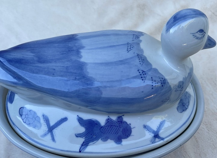 Delft Blue White Floral Swimming Duck Covered Tureen Covered Dish Pate