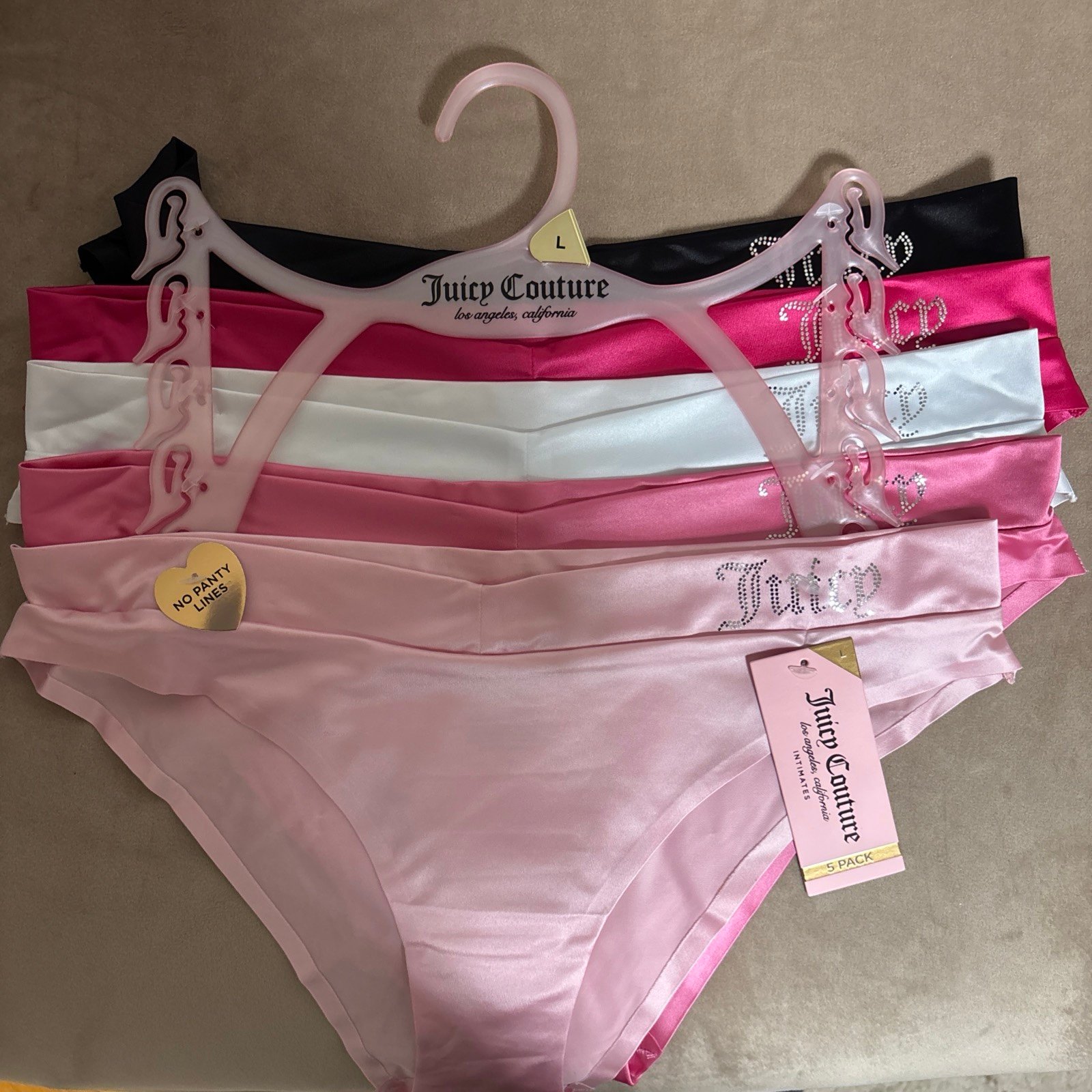 NEW Juicy Couture Size LARGE Pink Seamless Silky Satin Stretch Panties 5Pack